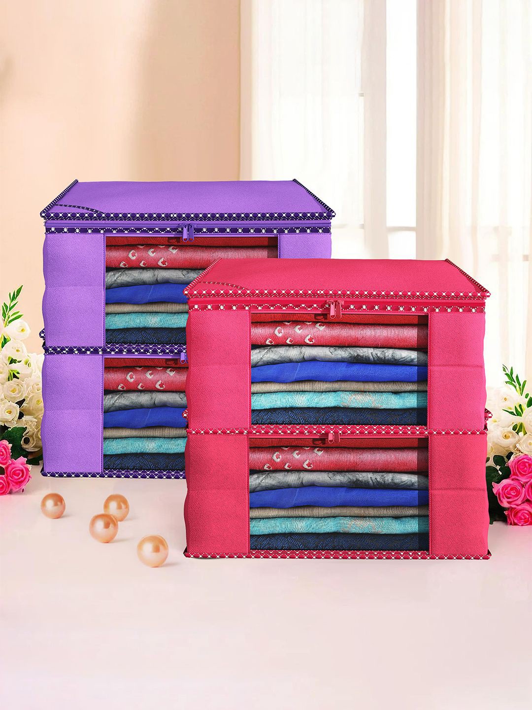 

Kuber Industries Purple & Pink 4 Pieces Foldable Drawer Organisers