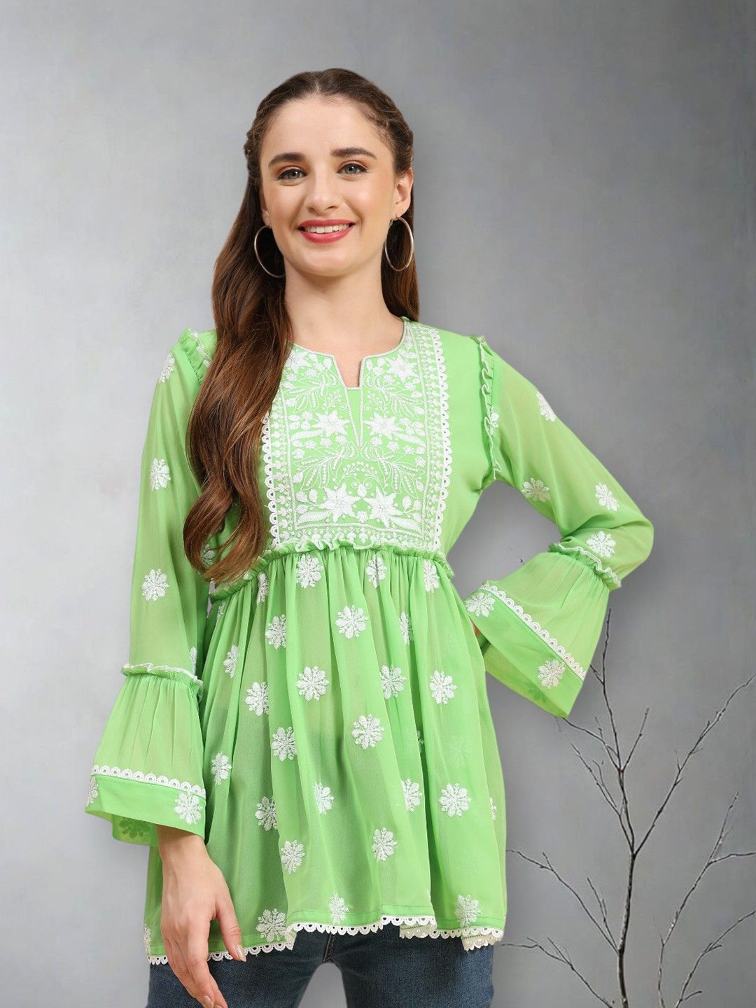 

Growish Women Floral Printed Embroidered Round Neck Top, Fluorescent green