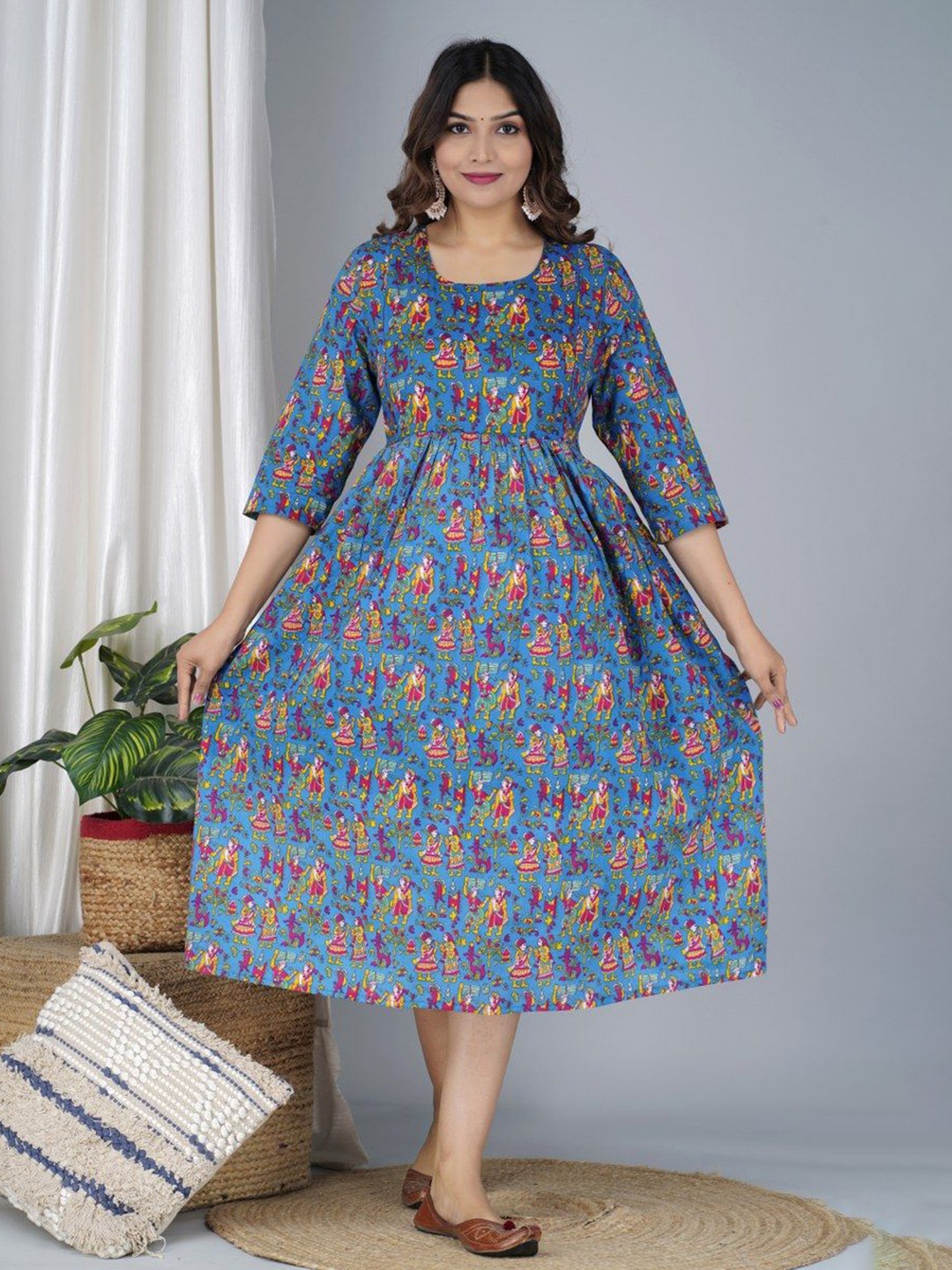 

TANISHA Ethnic Motifs Printed Maternity Fit & Flare Midi Ethnic Dress, Blue