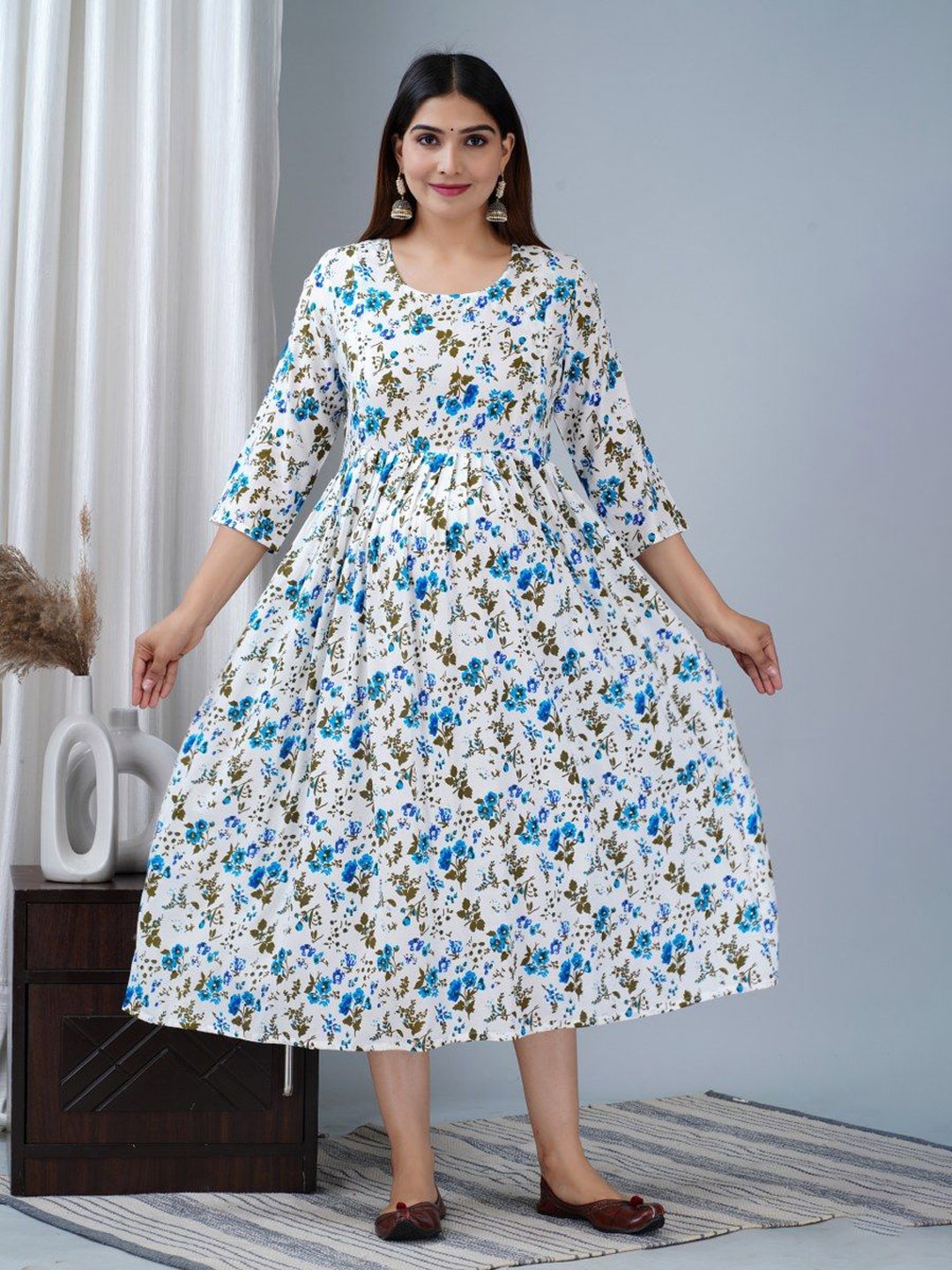 

TANISHA Floral Printed Maternity A-Line Midi Ethnic Dresses, Blue