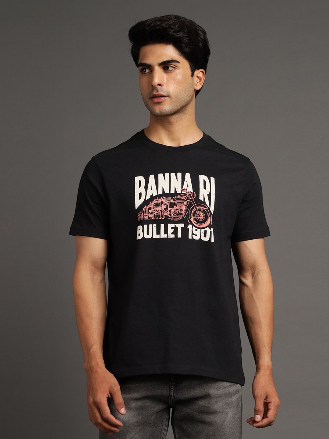 

Royal Enfield Men Typography Printed Applique T-shirt, Black