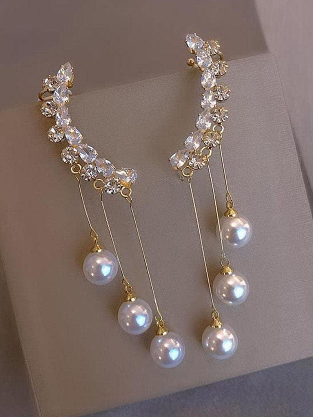 

KRENOZ Gold-Plated Stainless Steel American Diamond Studded Pearls Drop Earrings, White
