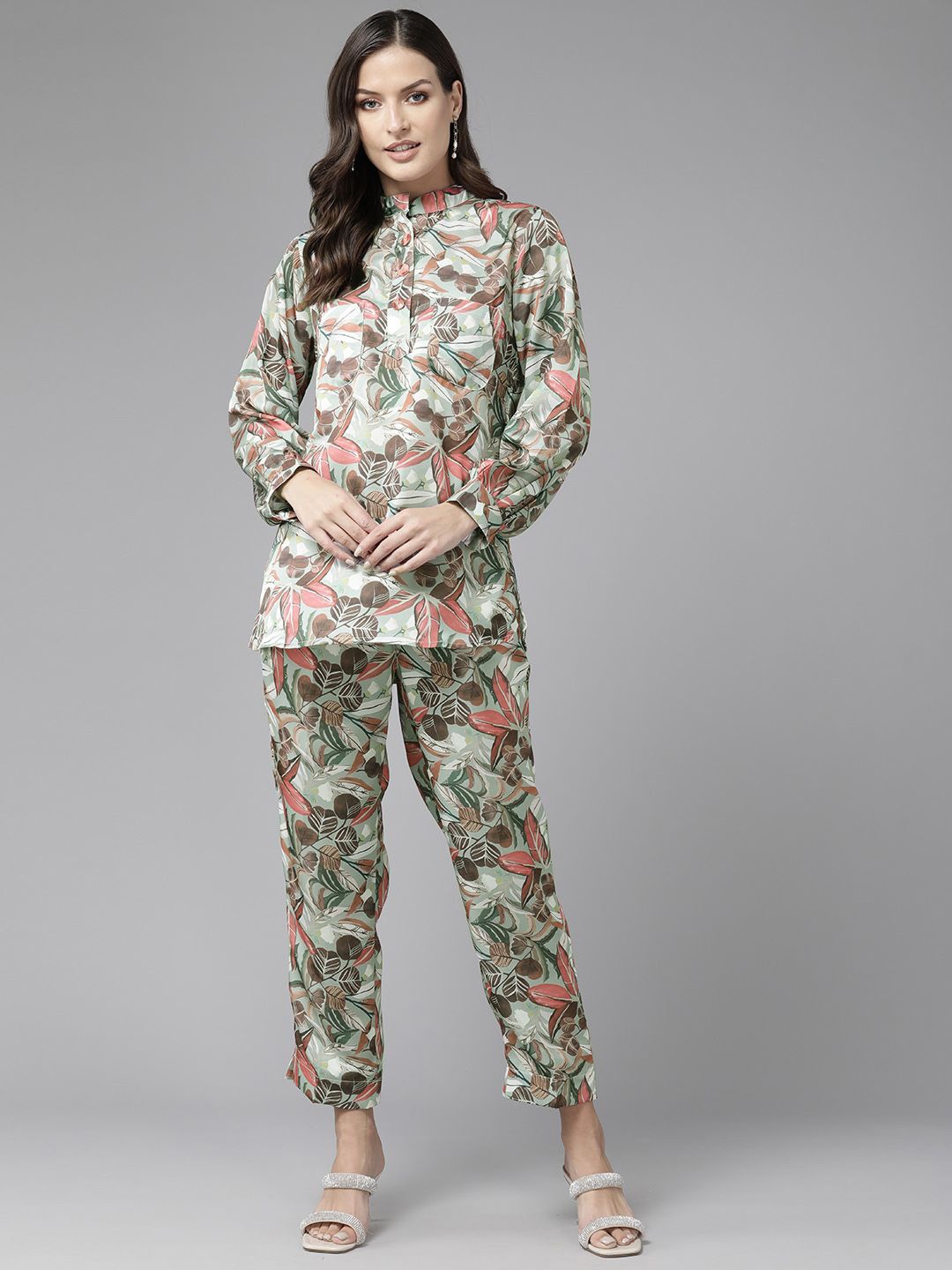 

BAESD Floral Printed Top With Trousers Co-Ords, Olive