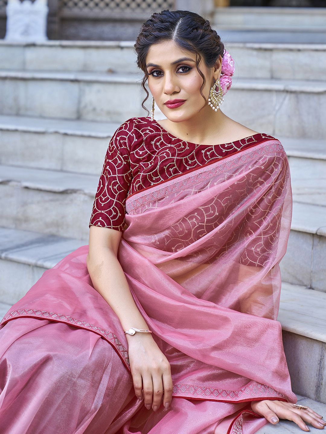 

Satrani Zari Net Saree, Pink