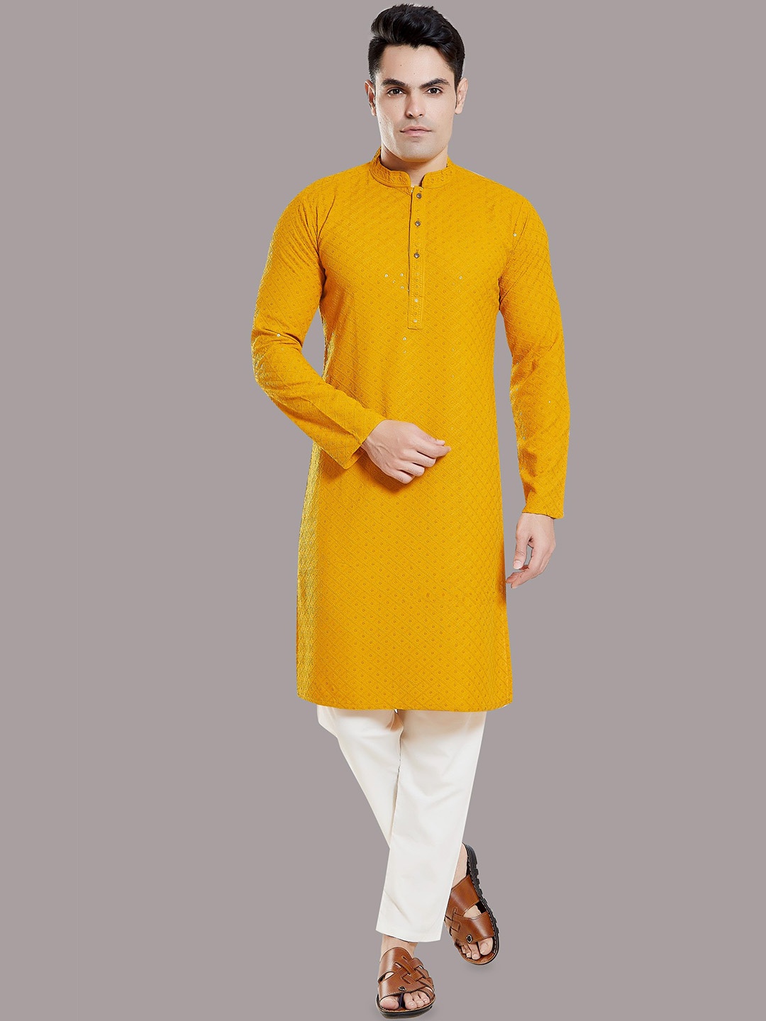 

DIVISIVE Men Thread Work Kurta, Yellow