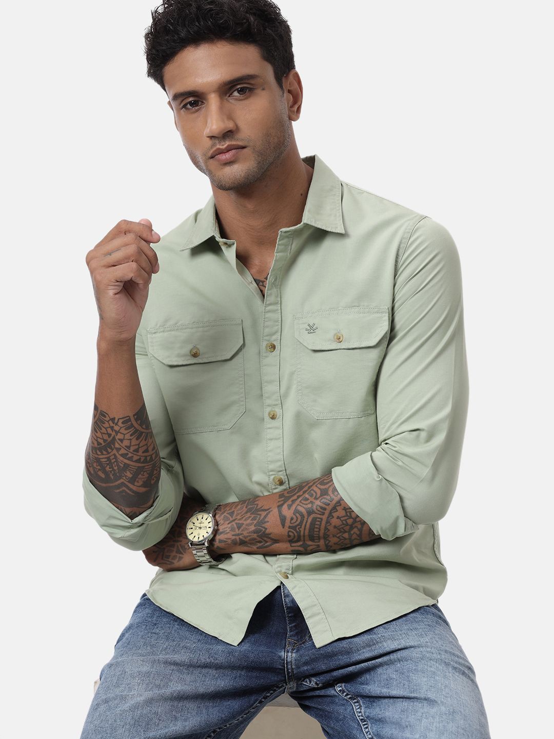 

WROGN Men Custom Spread Collar Solid Cotton Casual Shirt, Olive