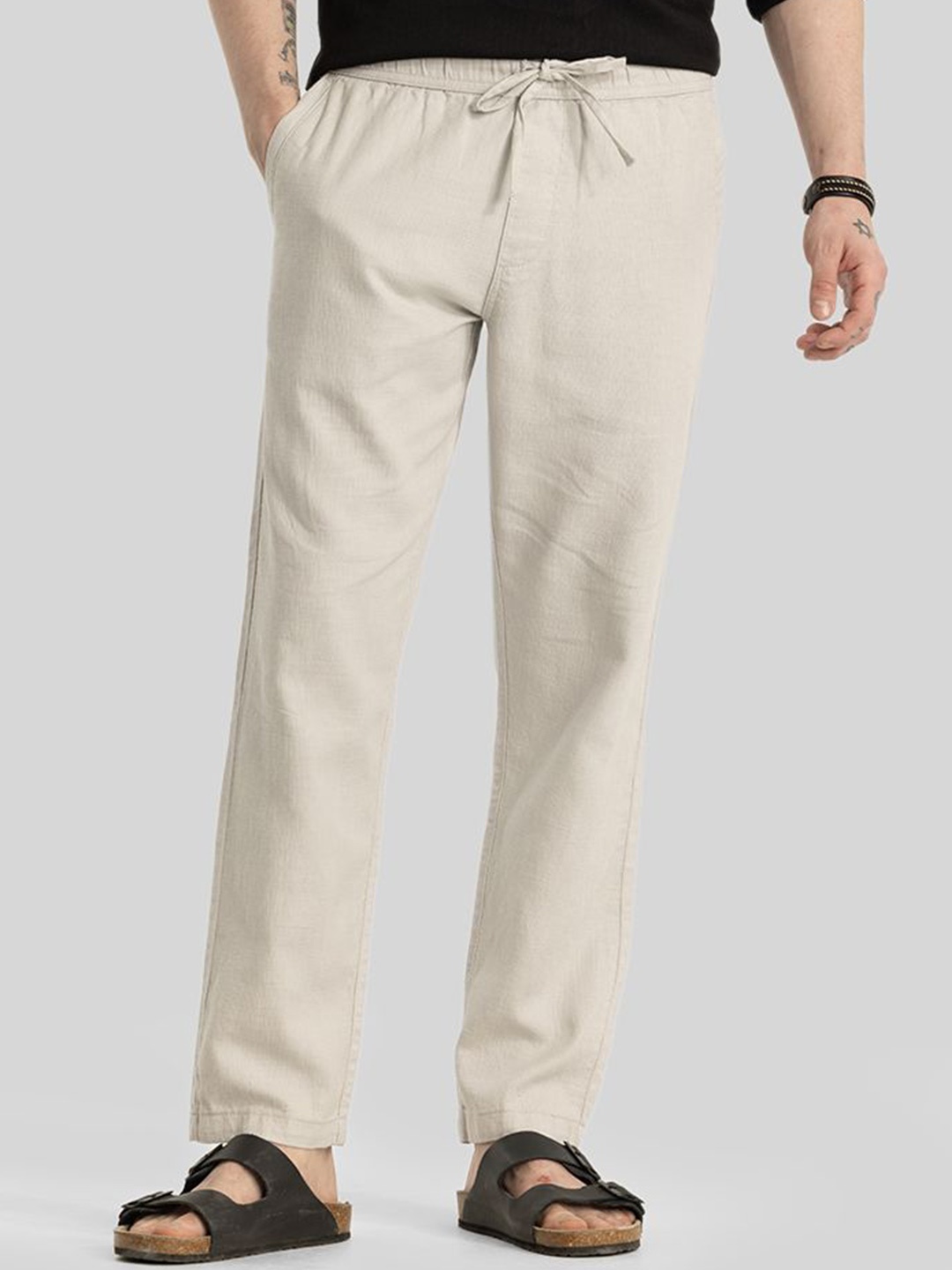 

Snitch Men Smart Slim Fit Trousers, Cream