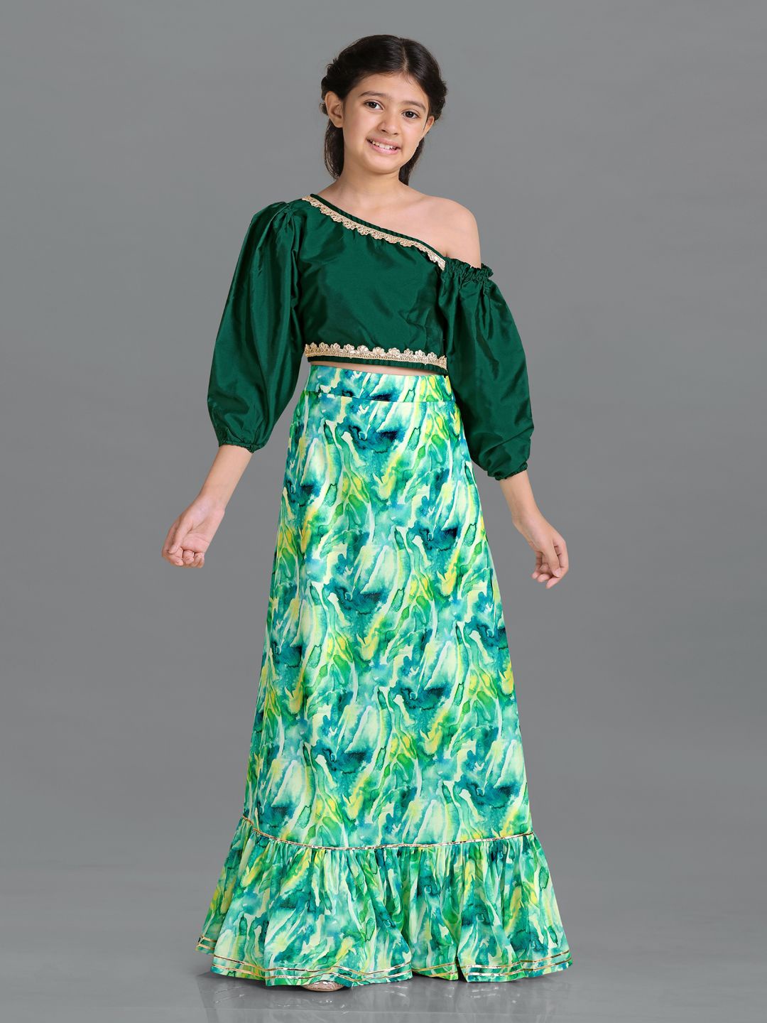 

BAESD Girls One Shoulder Puffed Sleeves Ready to Wear Lehenga & Blouse, Green