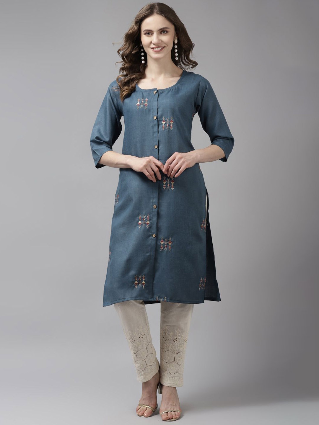 

BAESD Women Dyed Thread Work Pathani Kurta, Blue