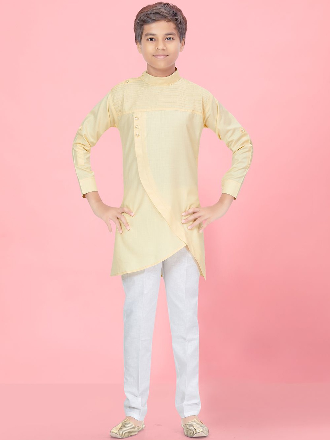

BAESD Boys Angrakha Mandarin Collar Roll-Up Sleeves Pure Cotton Kurta With Pyjamas, Cream