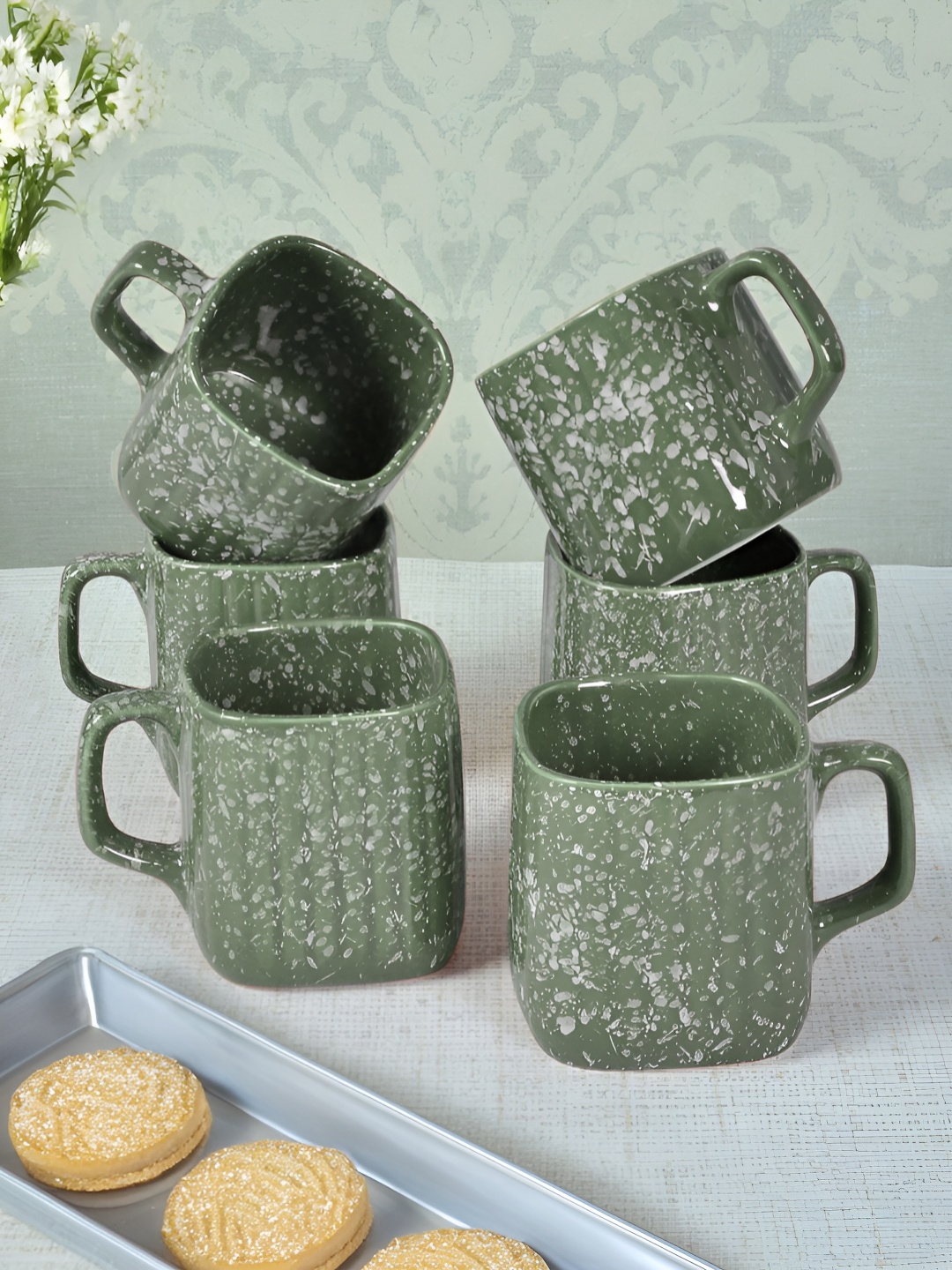 

FABINALIV Set of 6 Green & White Printed Ceramics Glossy Cups