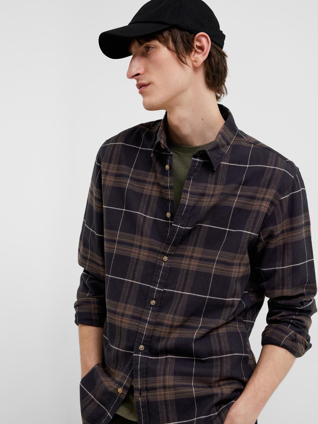 

SELECTED Men Spread Collar Checked Cotton Slim Fit Casual Shirt, Black
