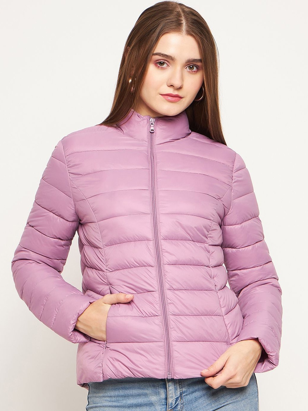 

Madame Women Striped Cotton Lightweight Puffer Jacket, Pink