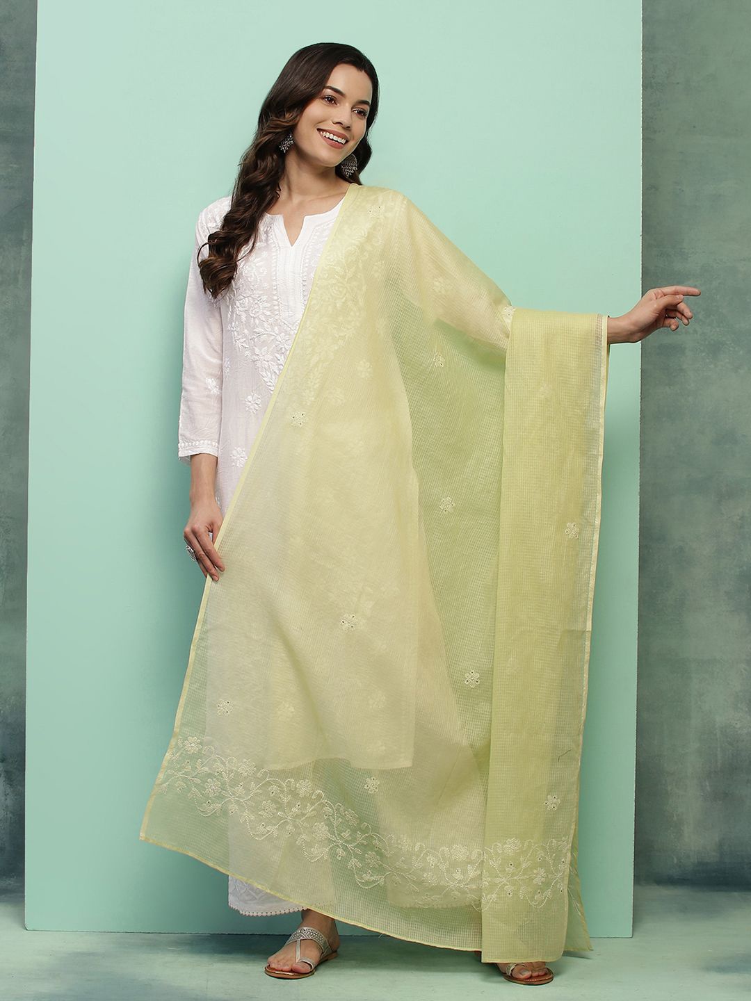 

House of Chikankari Embroidered Dupatta with Thread Work, Green