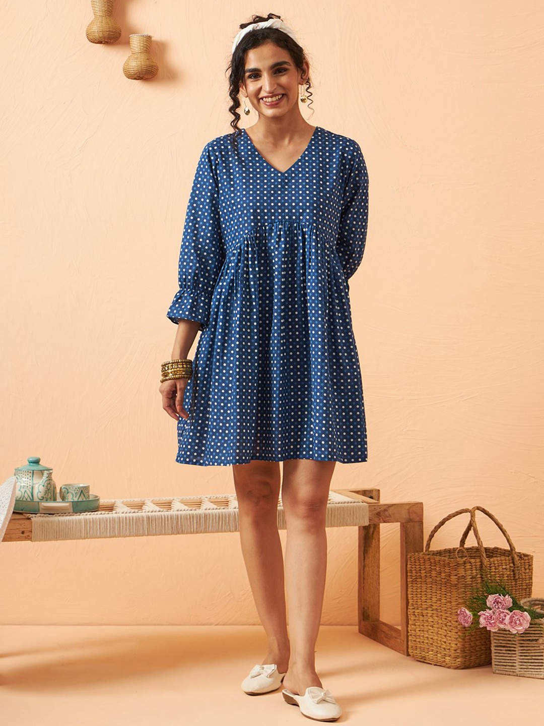 

ARAVALII Printed Cotton Puff Sleeves A-Line Dress, Navy blue