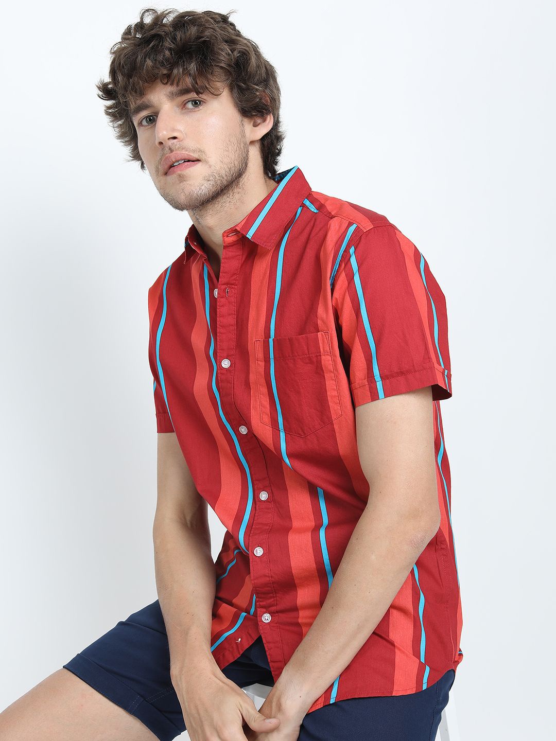 

HIGHLANDER Men Spread Collar Striped Cotton Slim Fit Casual Shirt, Red