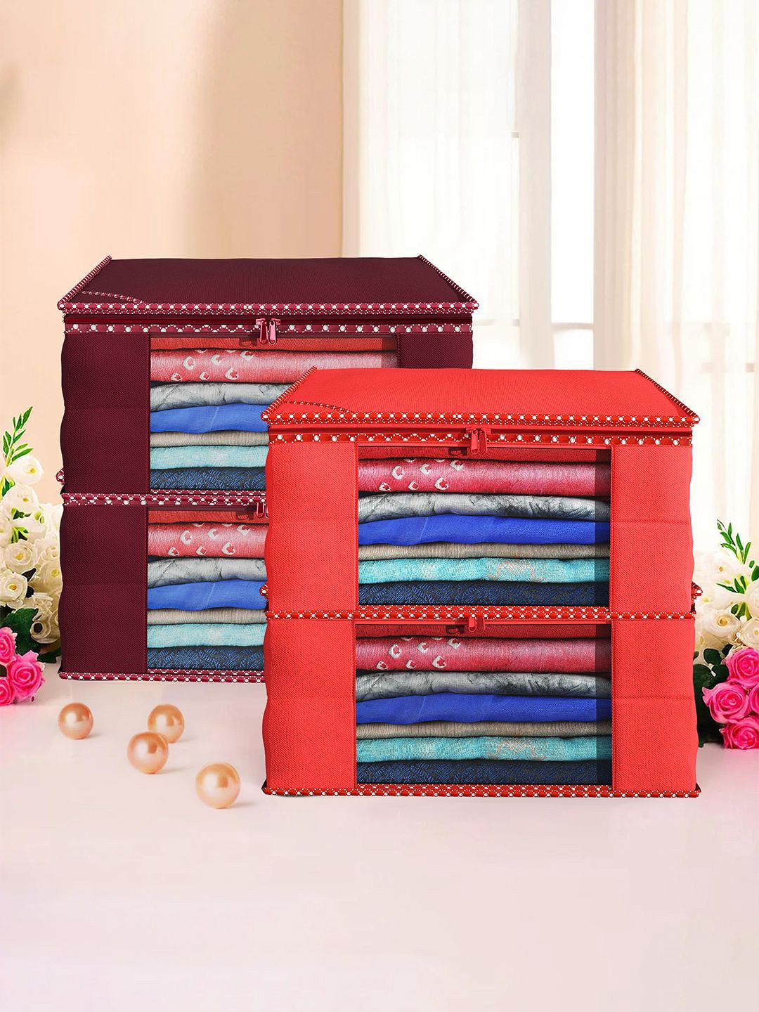 

Kuber Industries Maroon & Red 4 Pieces Foldable Wardrobe Drawer Organisers