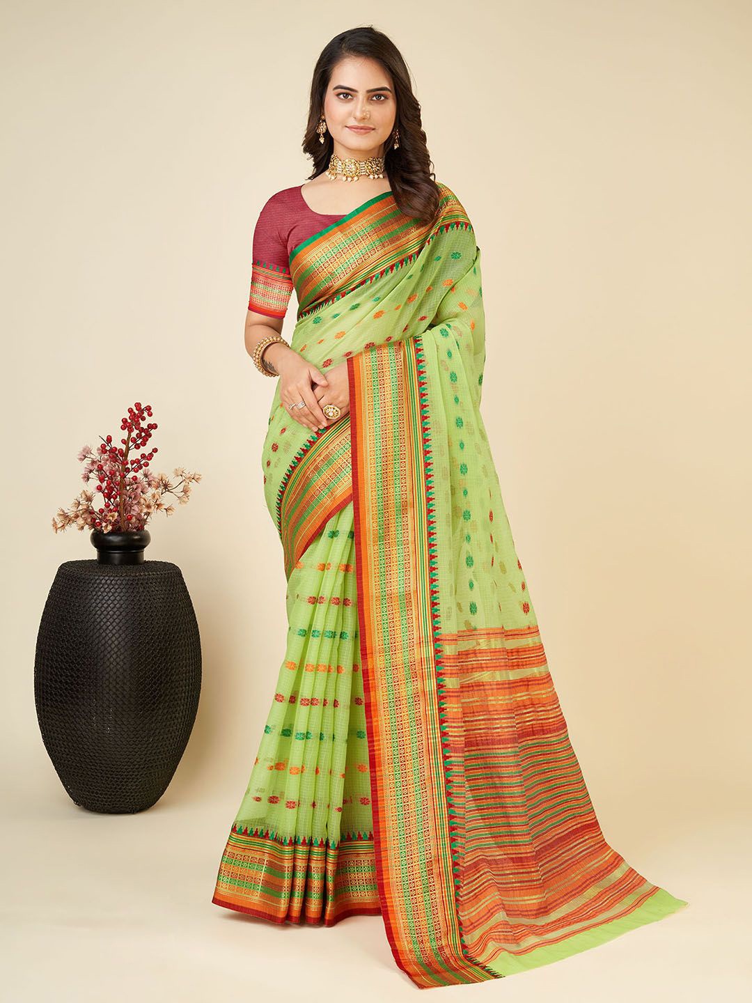 

Mitera Zari Ethnic Motifs Kota Saree With Blouse Piece, Green