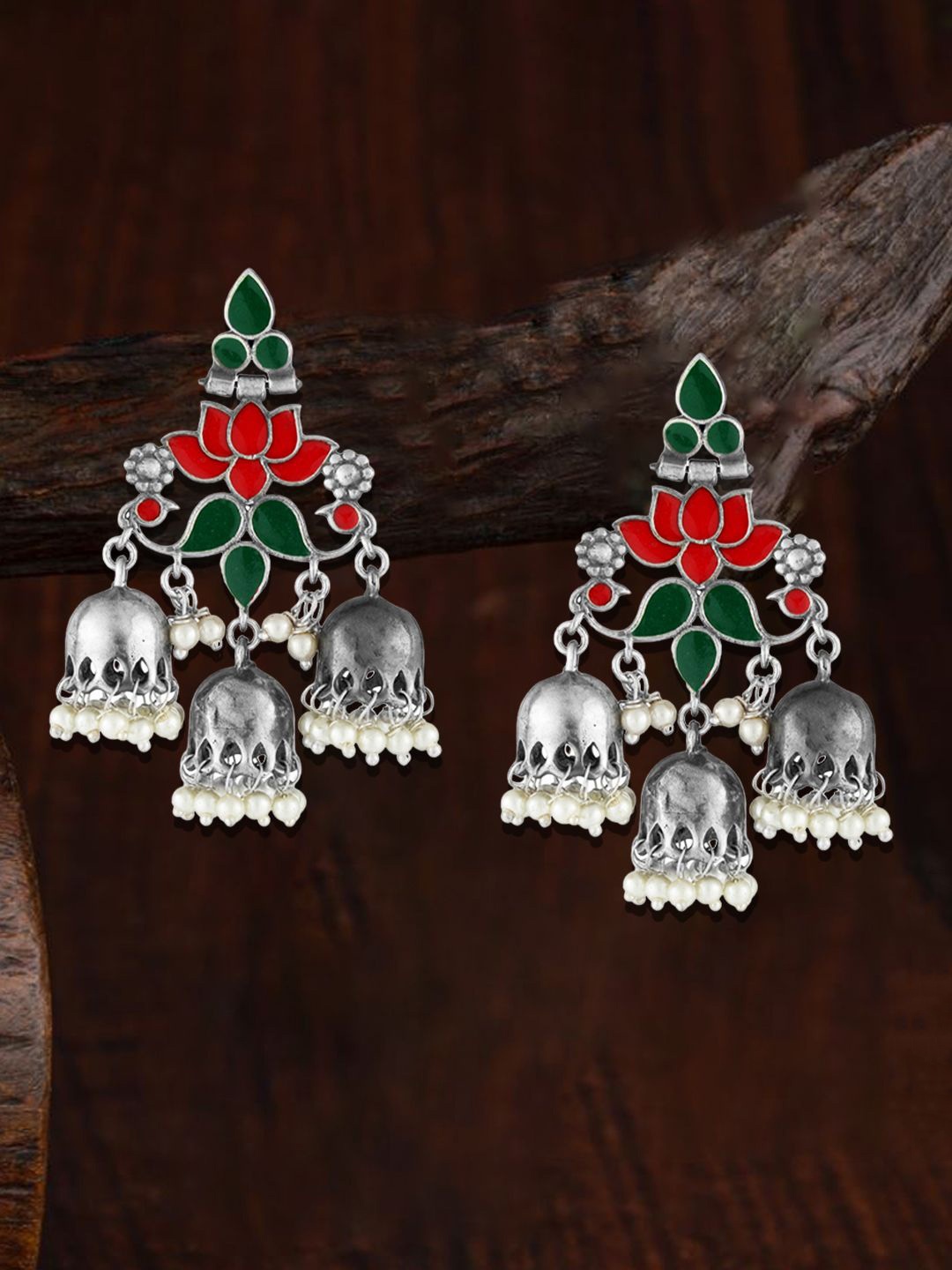 

Adwitiya Collection Silver-Plated Stone-Studded Oxidised Jhumkas