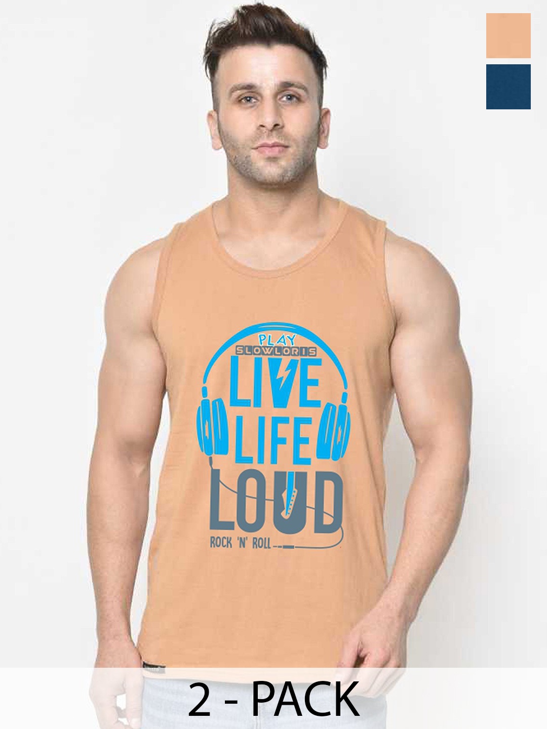 

SLOWLORIS Men Pack Of 2 Printed Gym Vest, Navy blue