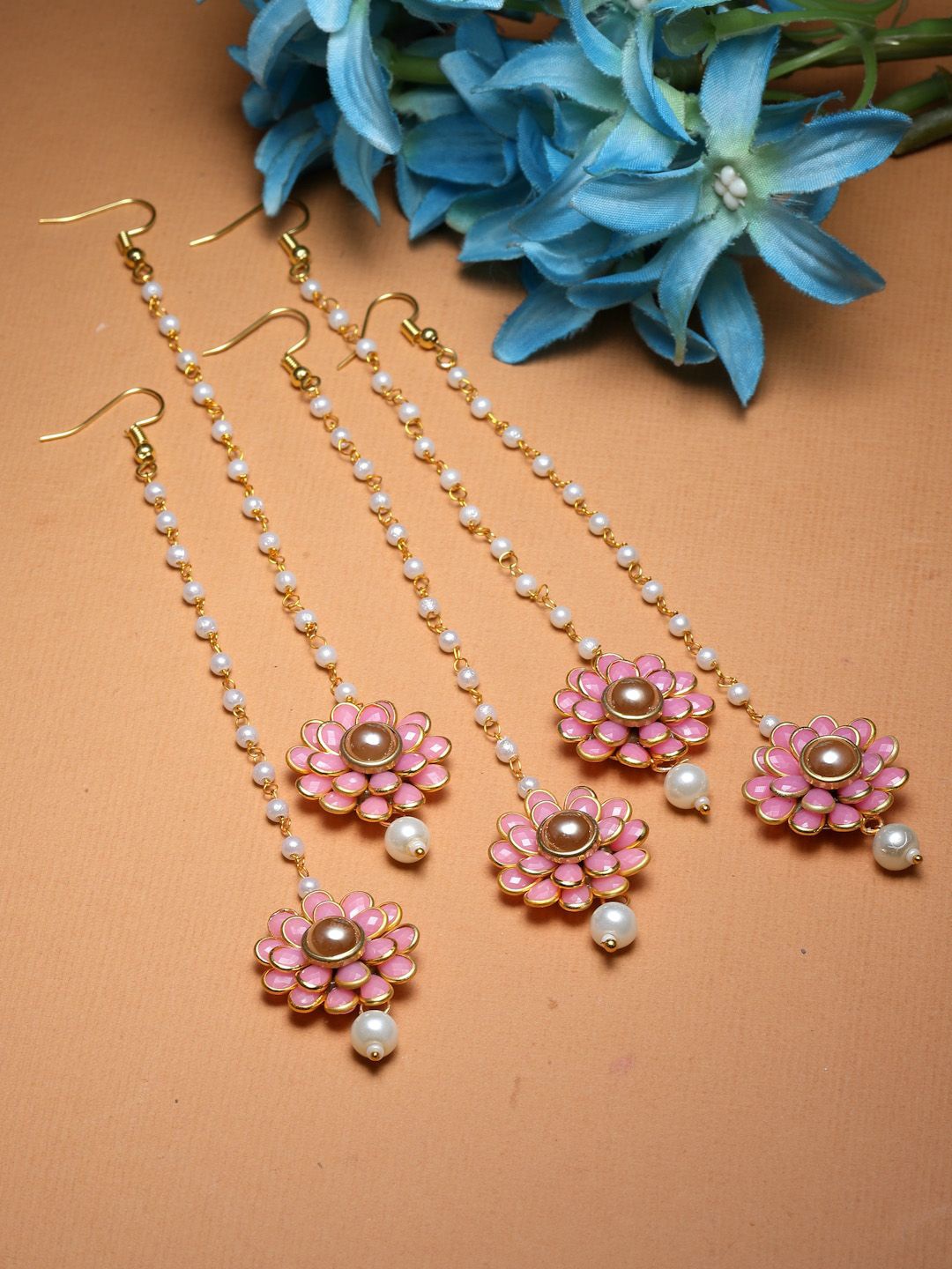 

ZENEME Set of 5 Gold-Plated Stones Studded and Beaded Floral Maang Tikkas