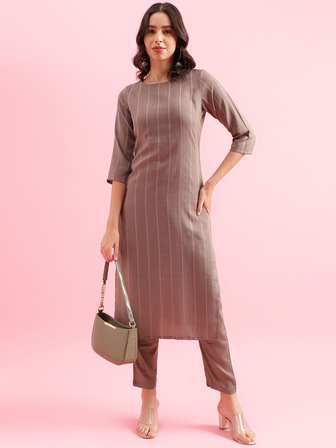 

Shaily Striped Sequinned Straight Kurta with Trousers, Grey