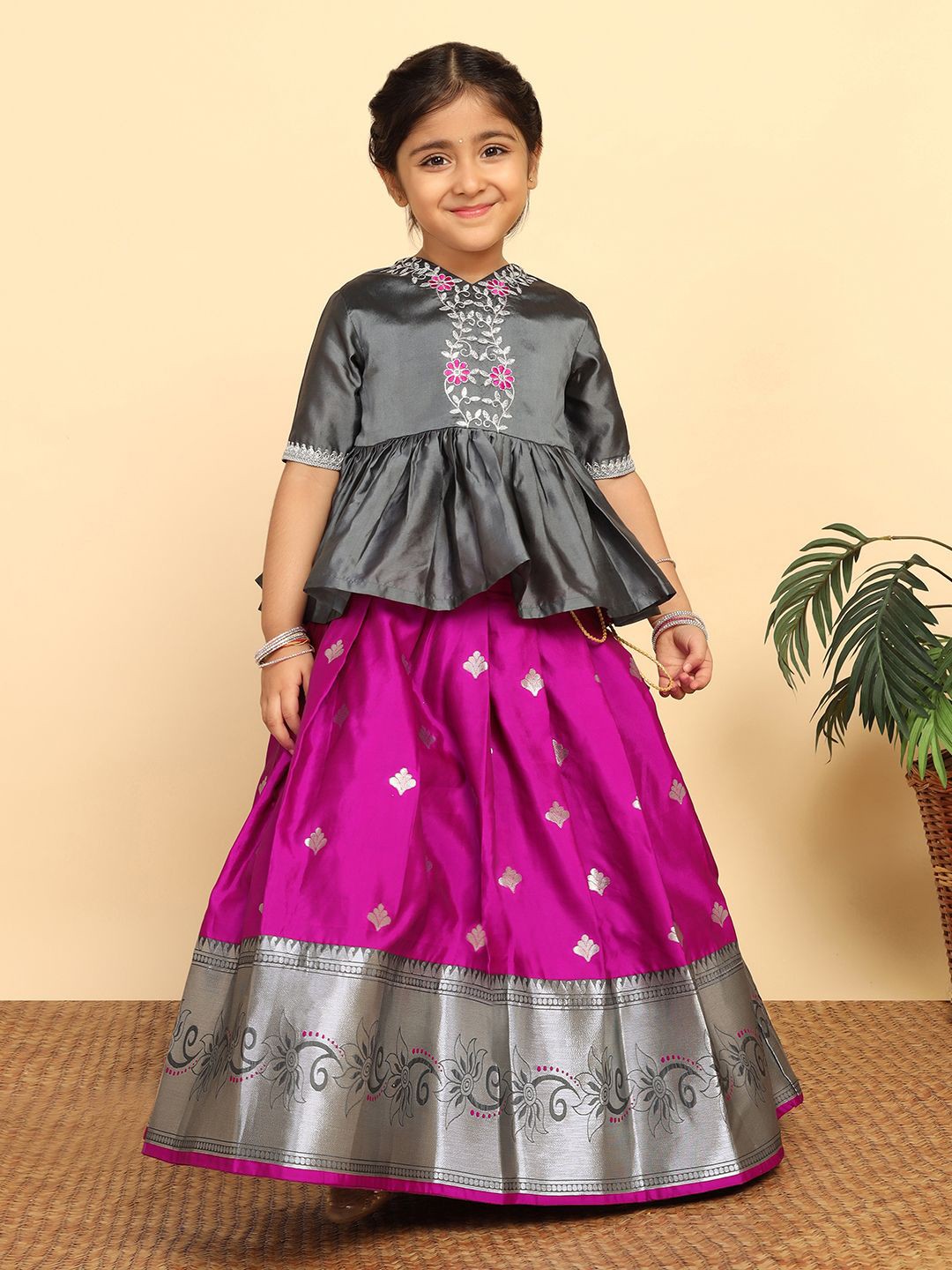

BAESD Girls Woven Design Jacquard Ready to Wear Lehenga & Choli, Grey