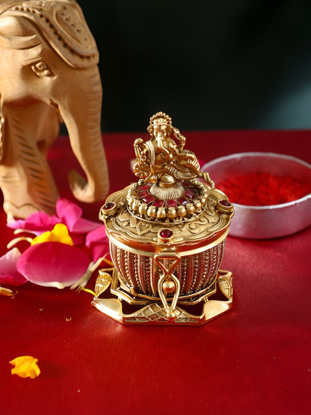 

Adwitiya Collection Sindoor Box Textured Lord Ganesh Kumkum Box, Gold