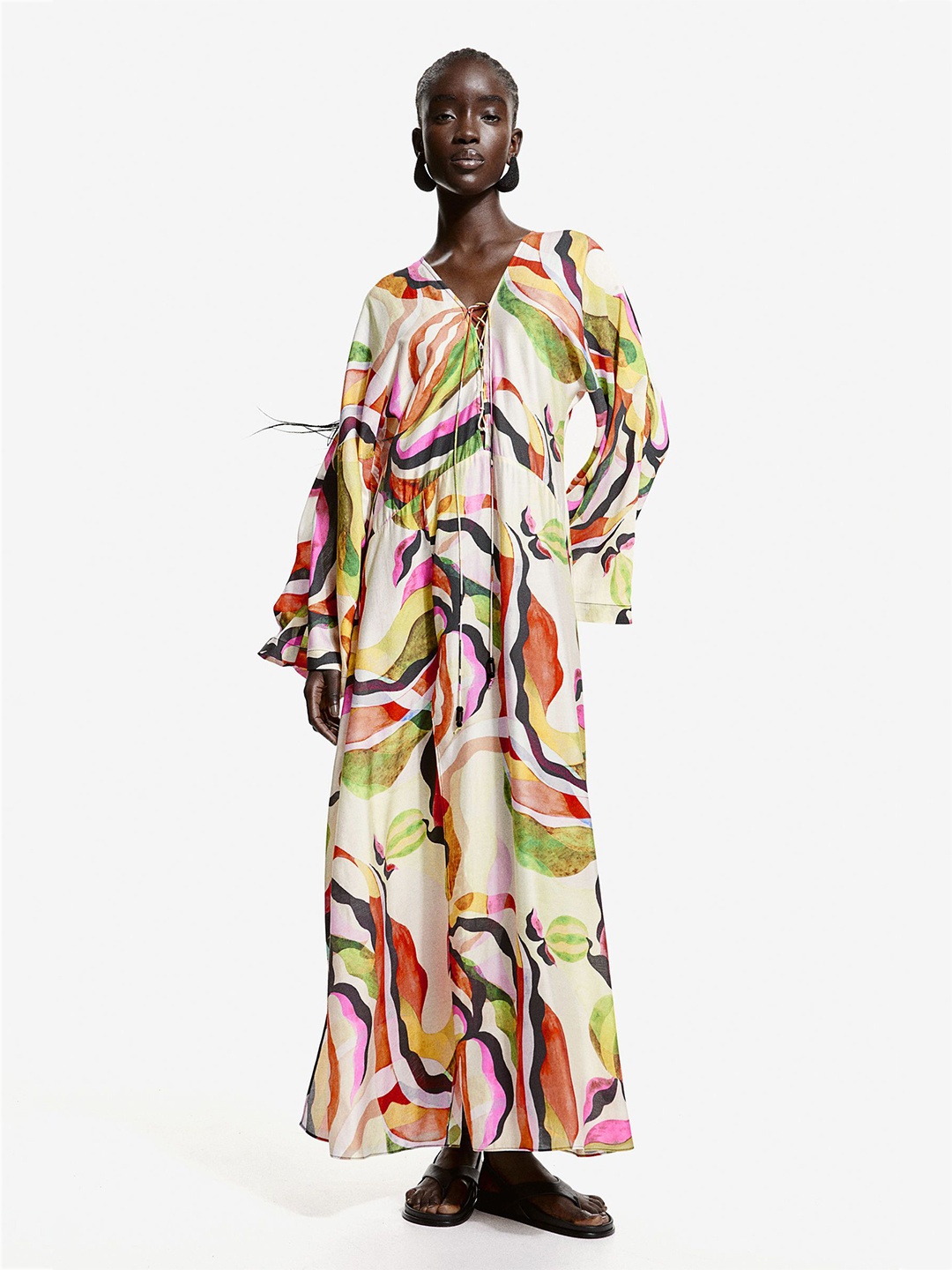 

H&M Women Lace-Up Kaftan Dress Nightdress, White