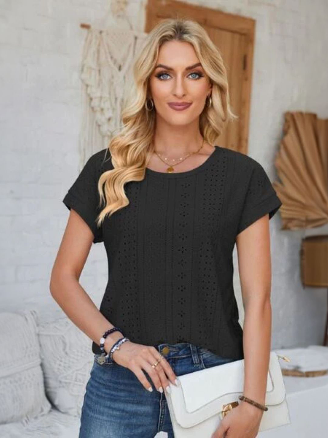 

StyleCast Women Solid Round Neck Top, Black