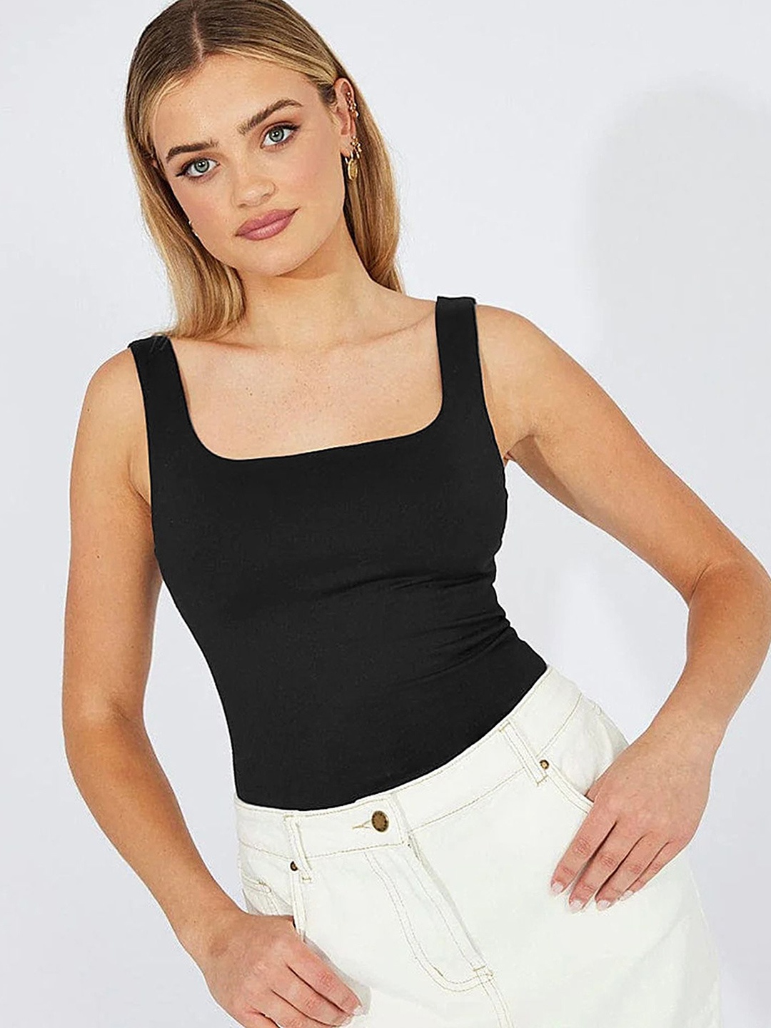 

LULU & SKY Women Solid Square Neck Nylon Top, Black