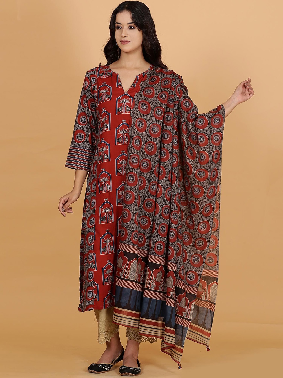 

Spring Soul Women Ethnic Motifs Printed Regular Pure Cotton Kurta with Trousers & With Dupatta, Red