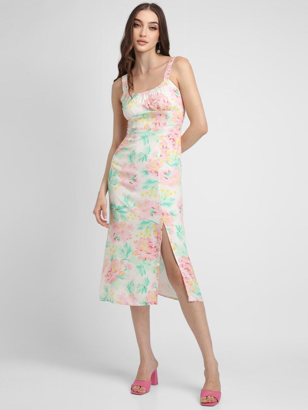 

FOREVER 21 Women Floral Print A-Line Midi Dress, White