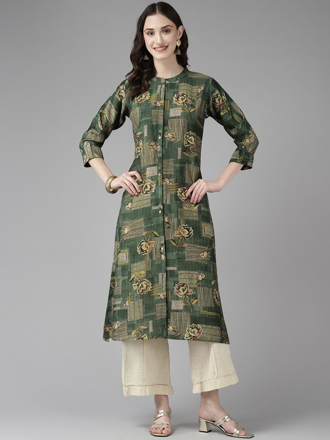 

BAESD Women Striped Anarkali Kurta, Green