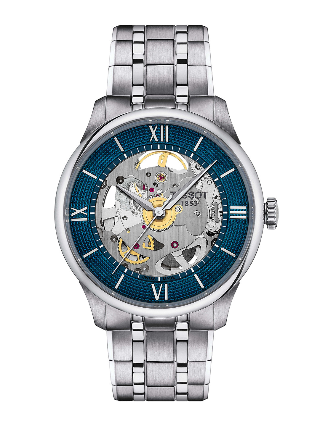 

TISSOT Unisex Skeleton Dial & Stainless Steel Bracelet Style Straps Analogue Automatic Motion Powered Watch, Blue