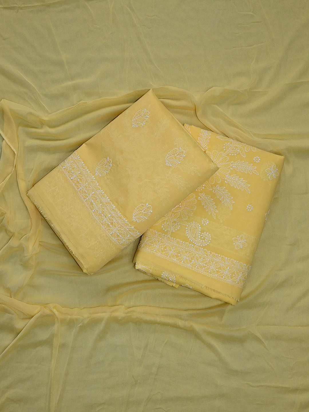 

Seva Chikan Embroidered Unstitched Dress Material, Yellow