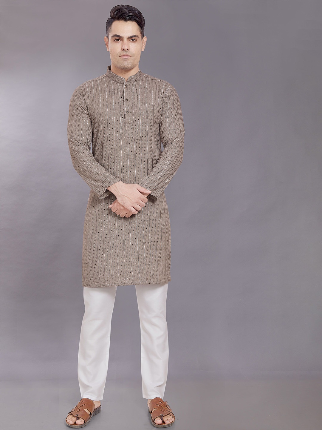 

DIVISIVE Men Thread Work Kurta, Grey