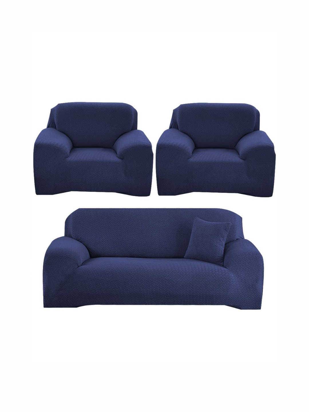 

B BESTILO Navy Blue Checked Polyester 3 Piece Sofa Cover With Arms