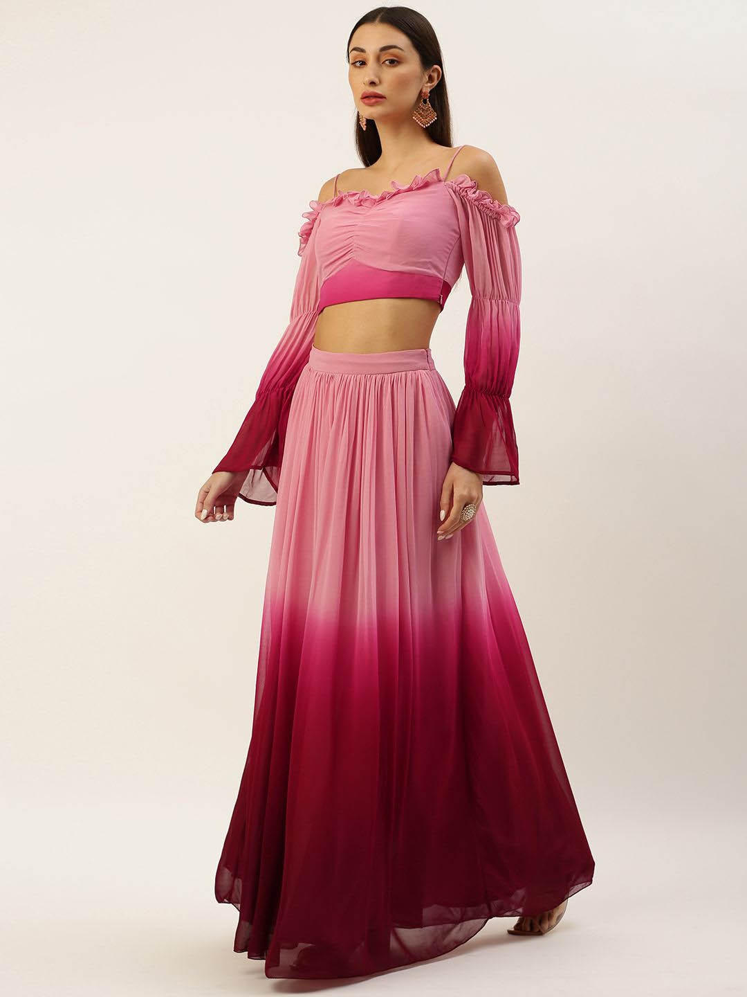 

Ethnovog Ombre Georgette Crop Top & Maxi Skirt Co-Ord Set, Maroon