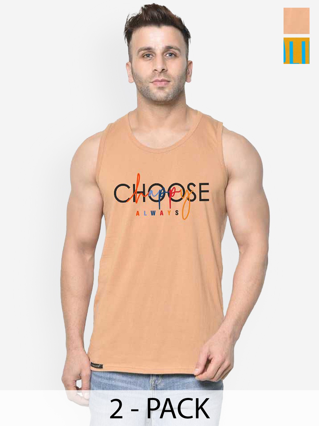 

SLOWLORIS Men Pack Of 2 Printed Gym Innerwear Vests, Mustard