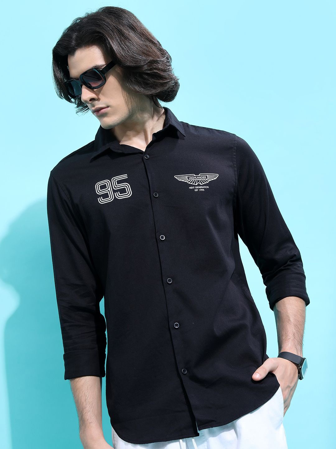 

HIGHLANDER Men Spread Collar Solid Cotton Slim Fit Casual Shirt, Black