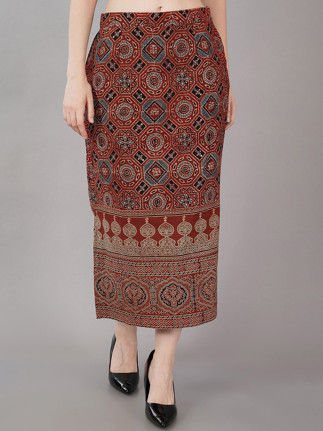 

NAVSYAA Printed Pure Cotton Straight Midi Skirt, Maroon