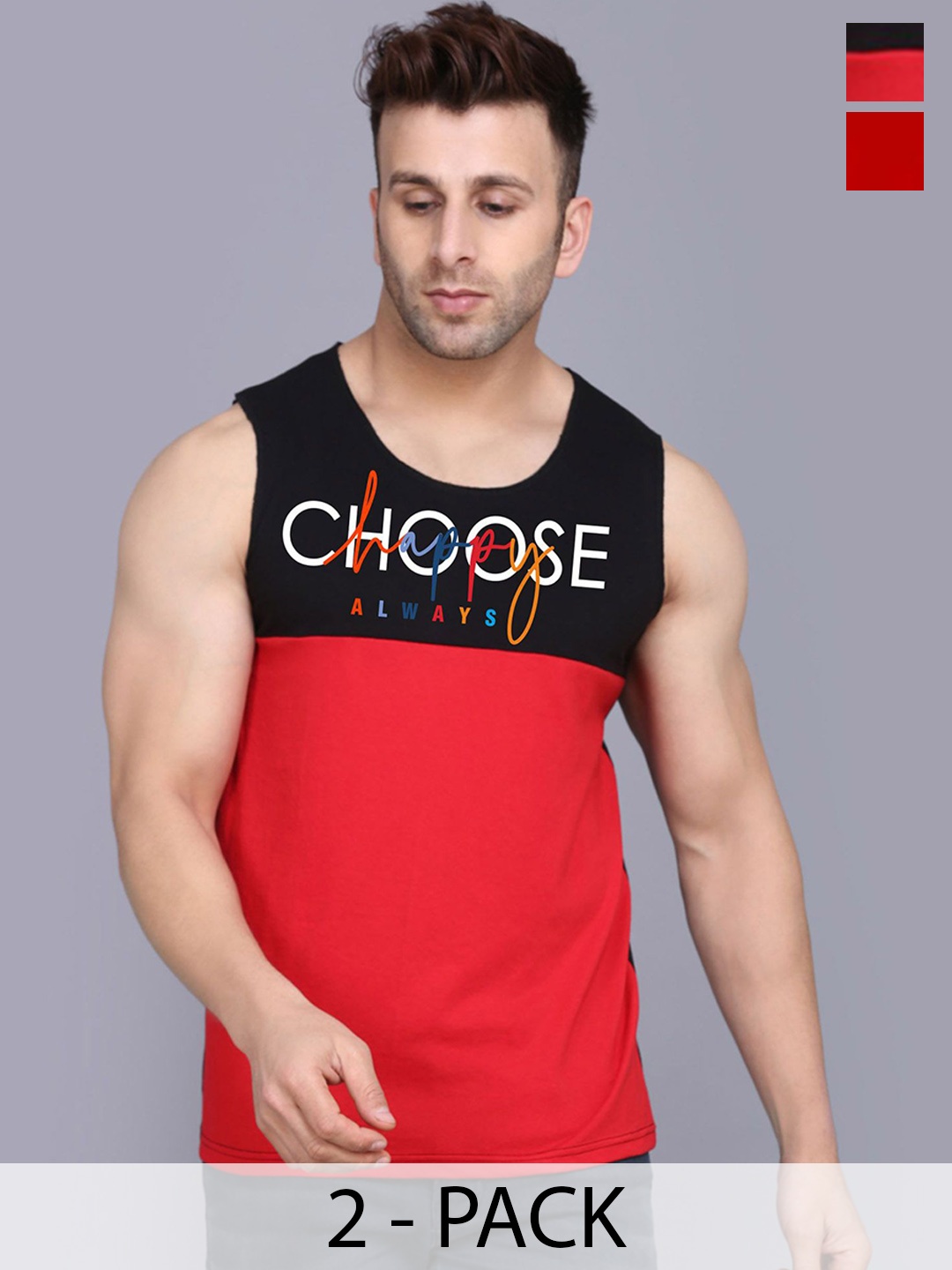 

SLOWLORIS Men Pack Of 2 Printed Cotton Gym Vests, Red