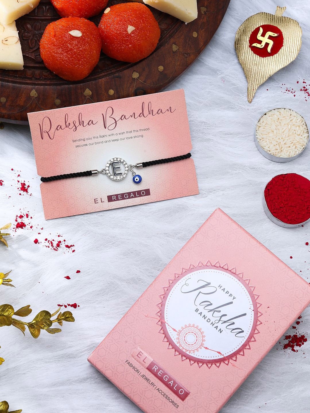 

EL REGALO E Letter Charm Rakhi Gift Set, Silver