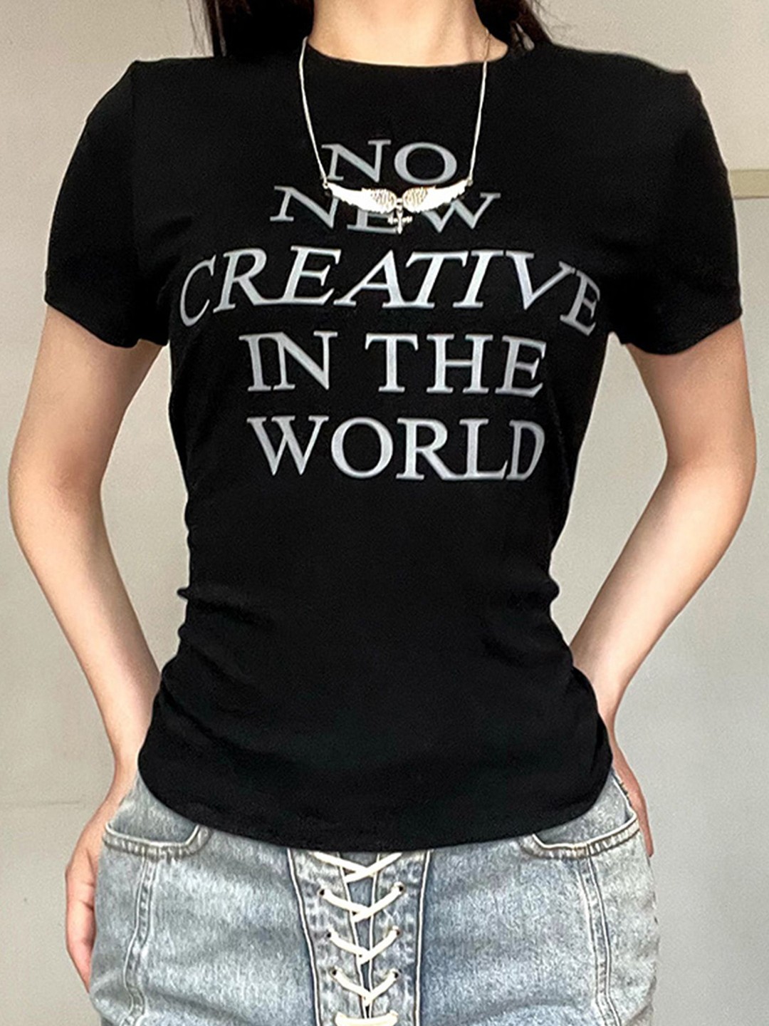 

LULU & SKY Women Typography Printed Round Neck Cotton Top, Black