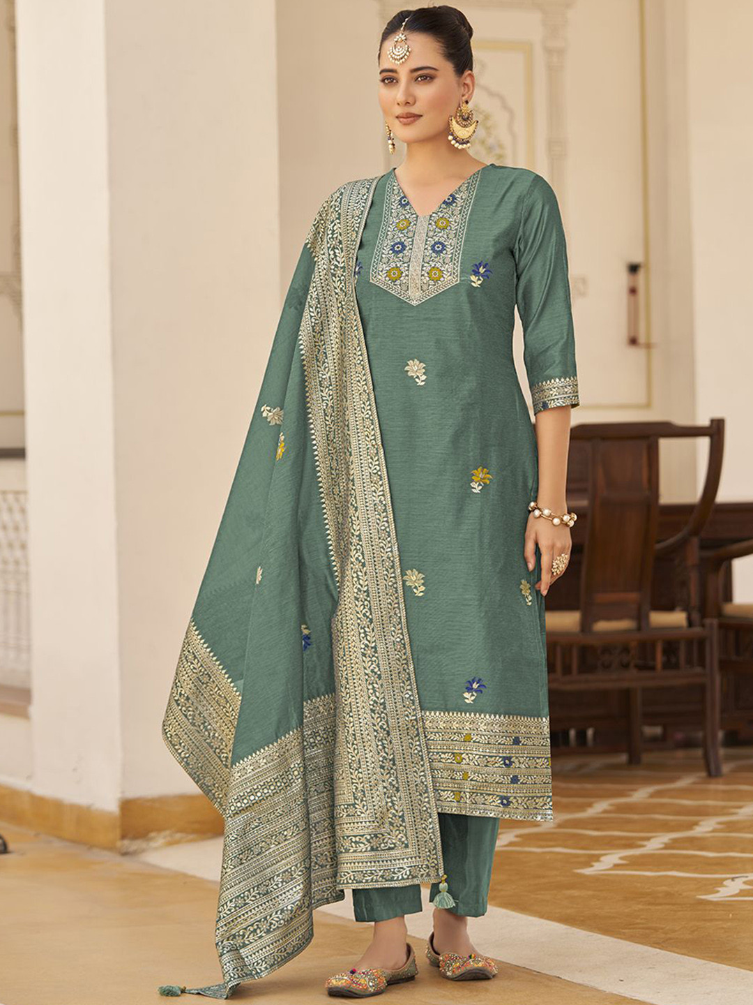 

Shaily Floral Woven Design V-Neck Straight Kurta With Trousers & Dupatta, Teal