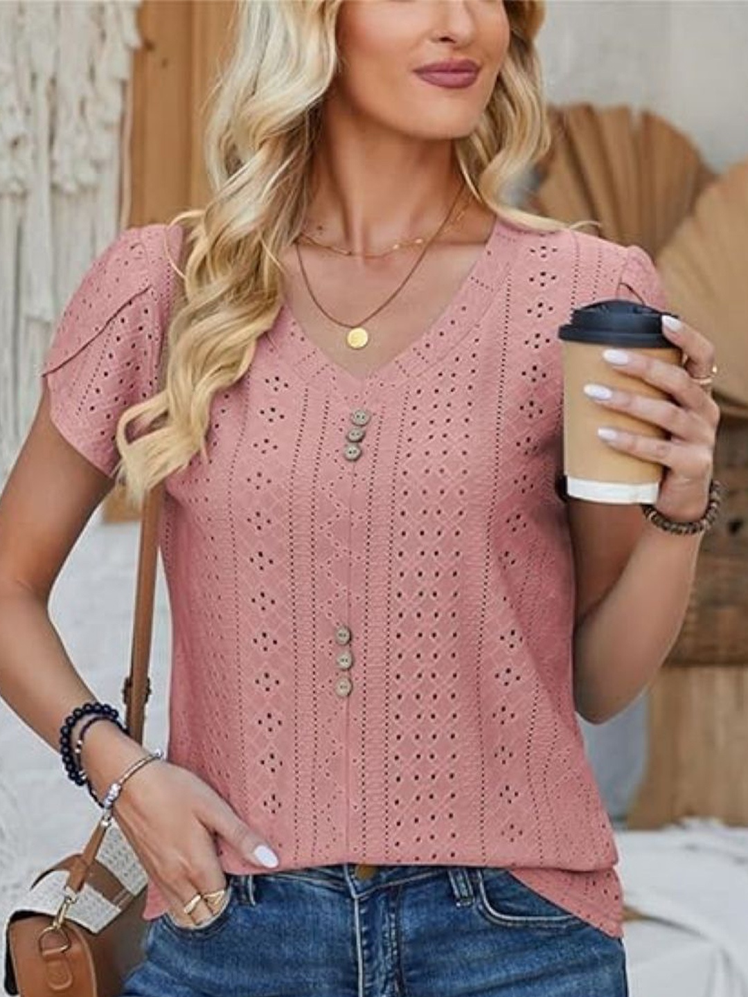 

StyleCast Women Self Design Mandarin Collar Top, Pink
