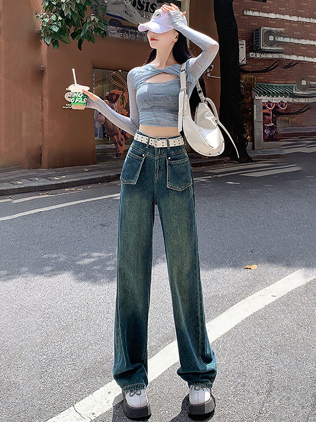 

StyleCast x Revolte Women Wide Leg Highly Distressed Light Fade Jeans, Blue