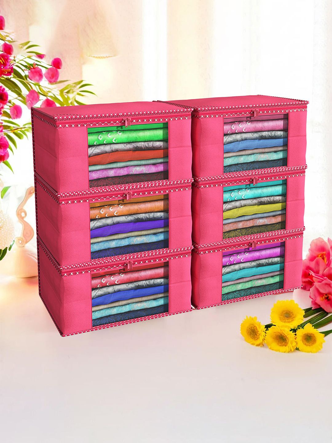 

Kuber Industries Pink& White 6 Pieces Printed Drawer Organisers