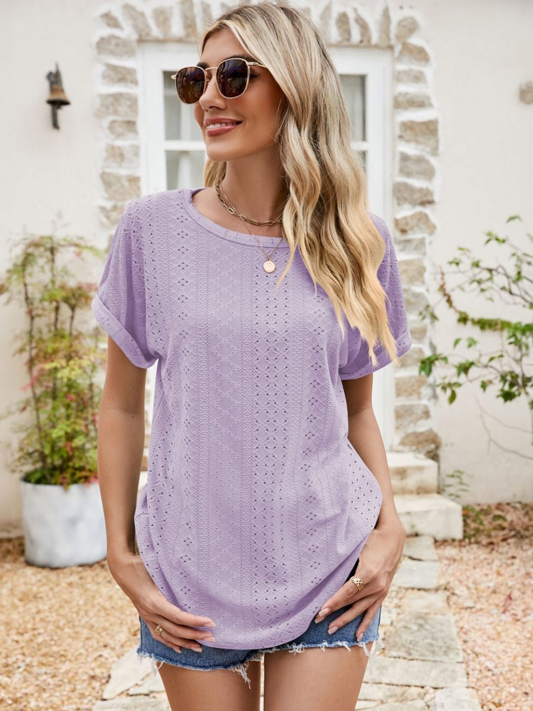 

StyleCast Women Self Design Round Neck Top, Lavender